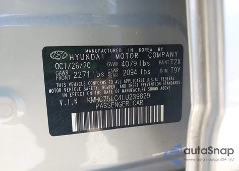 2020 Hyundai Ioniq Hybrid Se z USA, uszkodzony, nr VIN KMHC75LC4LU239829